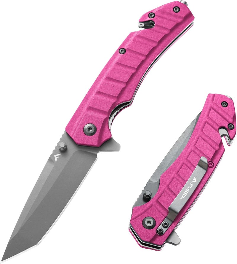 FLISSA Folding Pocket Knife, EDC Knife with Liner Lock, Tanto Blade, Pocket Clip, Glass Breaker, Seatbelt Cutter, Perfect for Outdoor, Camping(Pink) - Image 1